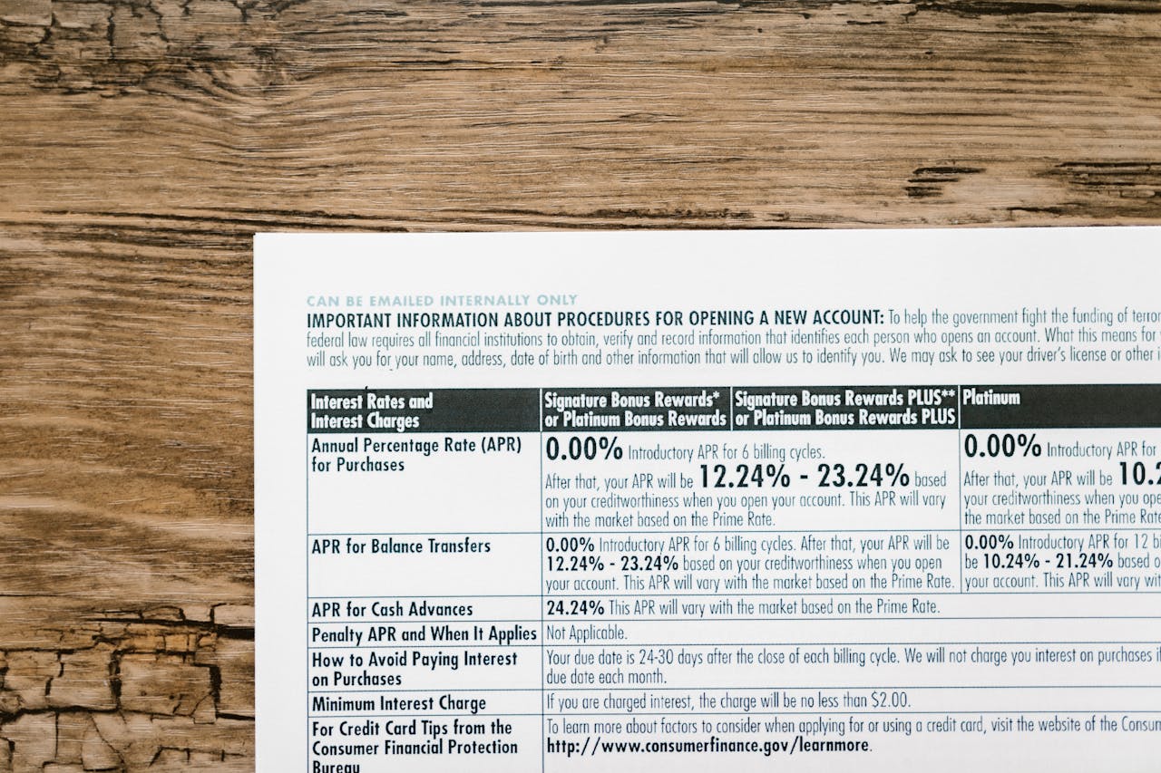 services-03 A detailed financial document listing interest rates on a textured wooden table.