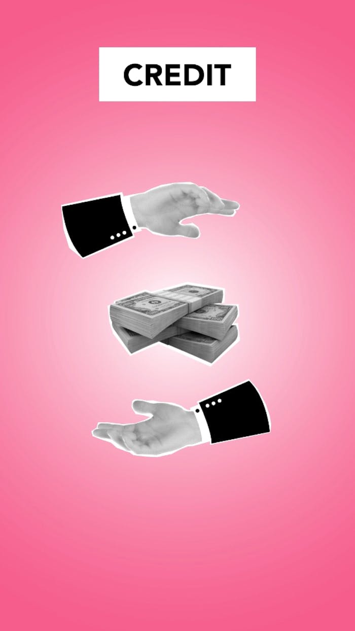 contact-img Creative cut out paper composition of hands around pile of dollar banknotes for credit on pink background